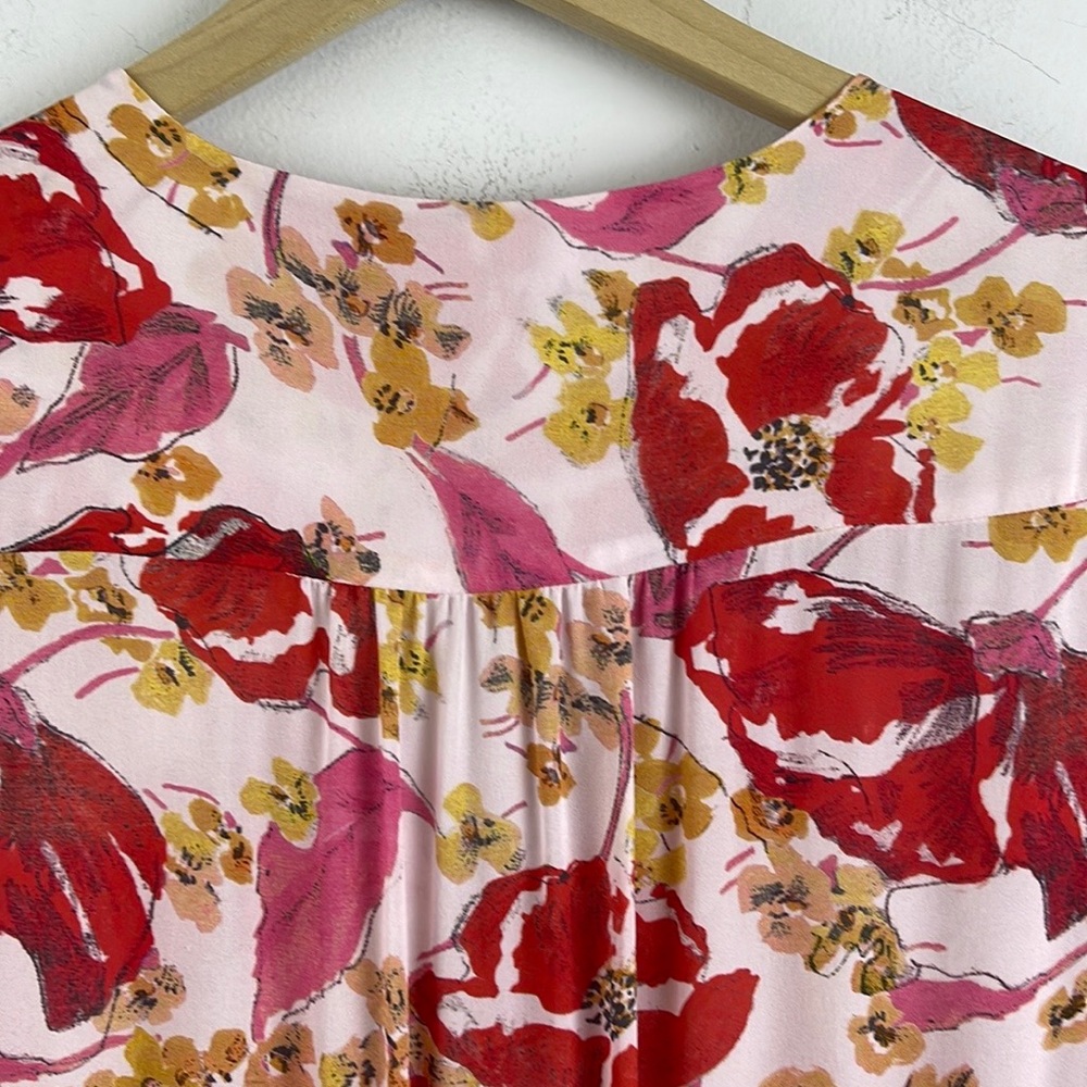 Parker Silk Dress Floral Long Sleeve Mini Size Medium Red Flowy Spring Summer - Picture 6 of 12